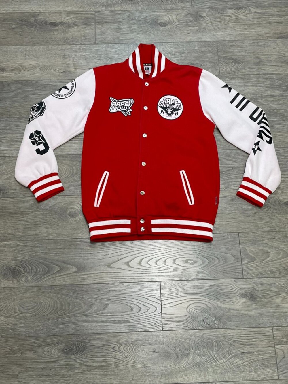 AAPE By A Bathing Ape Varsity Jacket Red White Graphic Universe Bomber Size XL